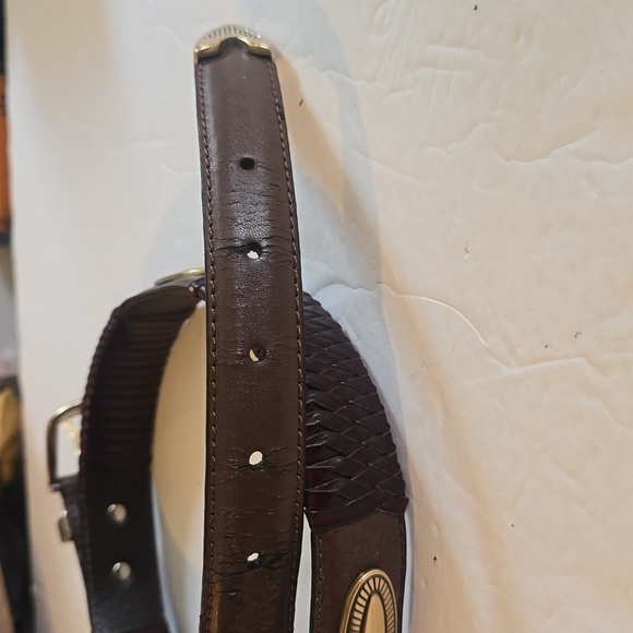 Womens Vintage Silver Buckle Tip Emblem Brown Woven Leather Belt Sz.34 main image 10